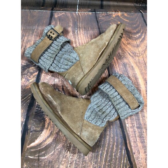 UGG Cambridge Knit Chestnut Suede Belted Boots Sheepskin Womens 7 (p7c) - Picture 6 of 10